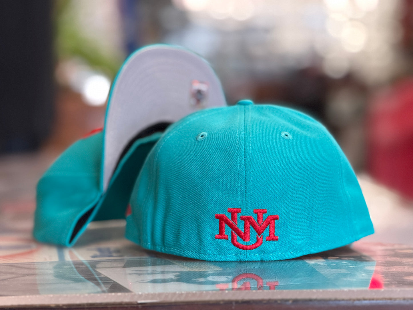 UNM Lobos New Era 5950 Turquoise Red Script Lobos