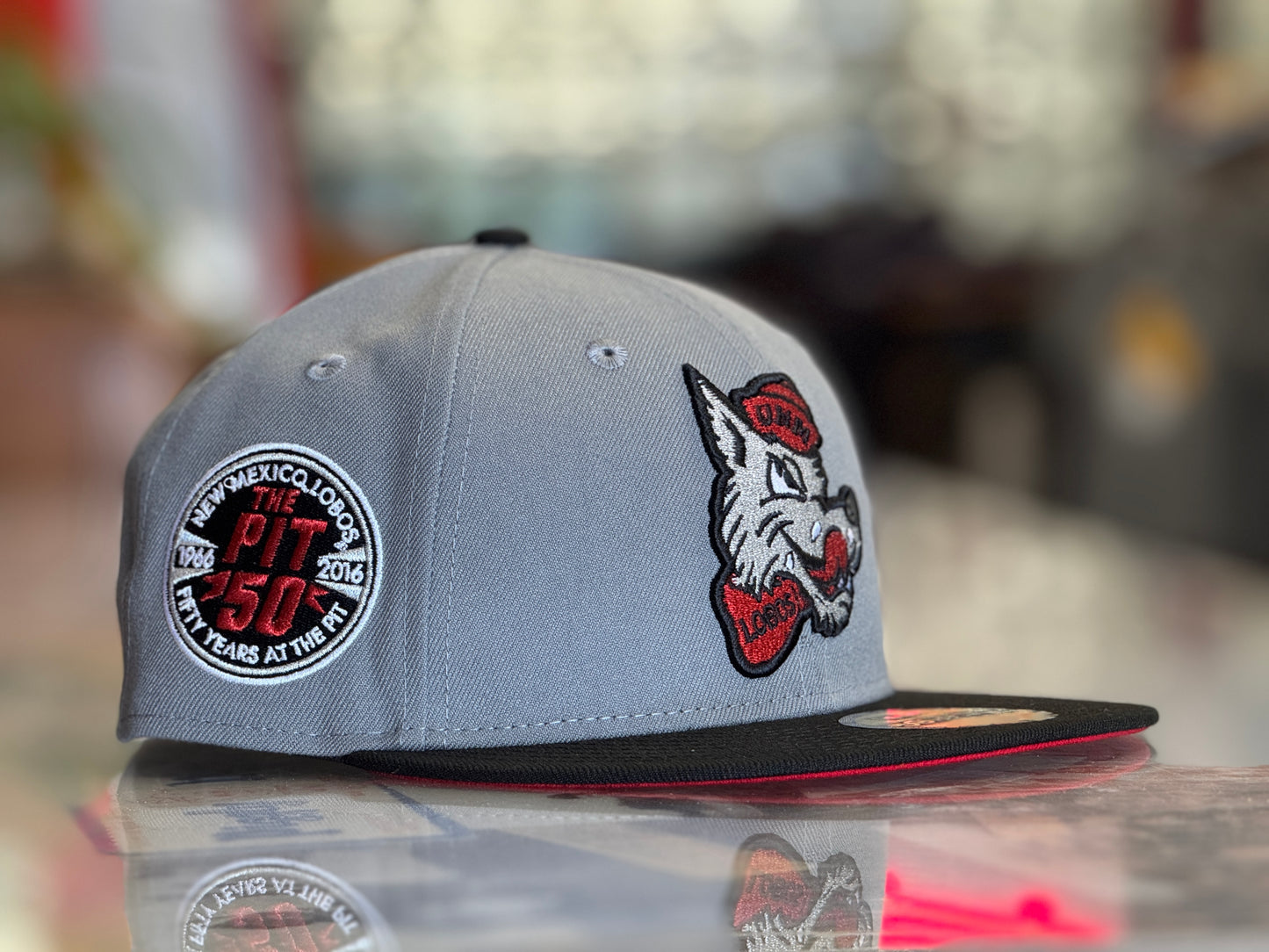 UNM Lobos New Era 5950 Storm Gray Black Bill - Lobo Louie - Pit Side Patch
