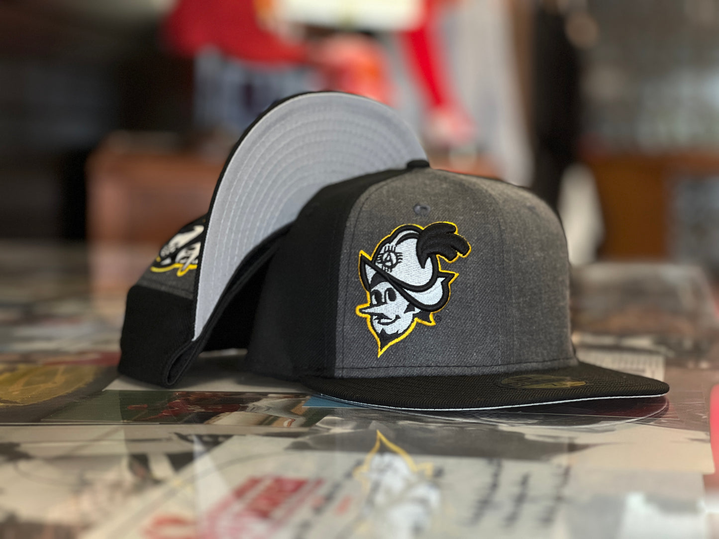 Albuquerque Dukes New Era 5950 Heather Gray Front with Offset Dukes Gold Outline