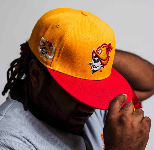 Albuquerque Dukes Gold Red Bill Fitted Dukes 50 Yr. Anniversary logo