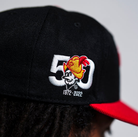 Albuquerque Dukes Black Red Bill Fitted Dukes 50 Yr. Anniversary logo