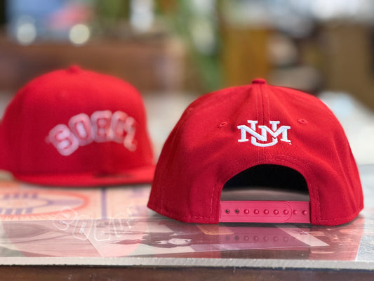 UNM New Era Snapback Hat Red White Mesh LOBOS Script