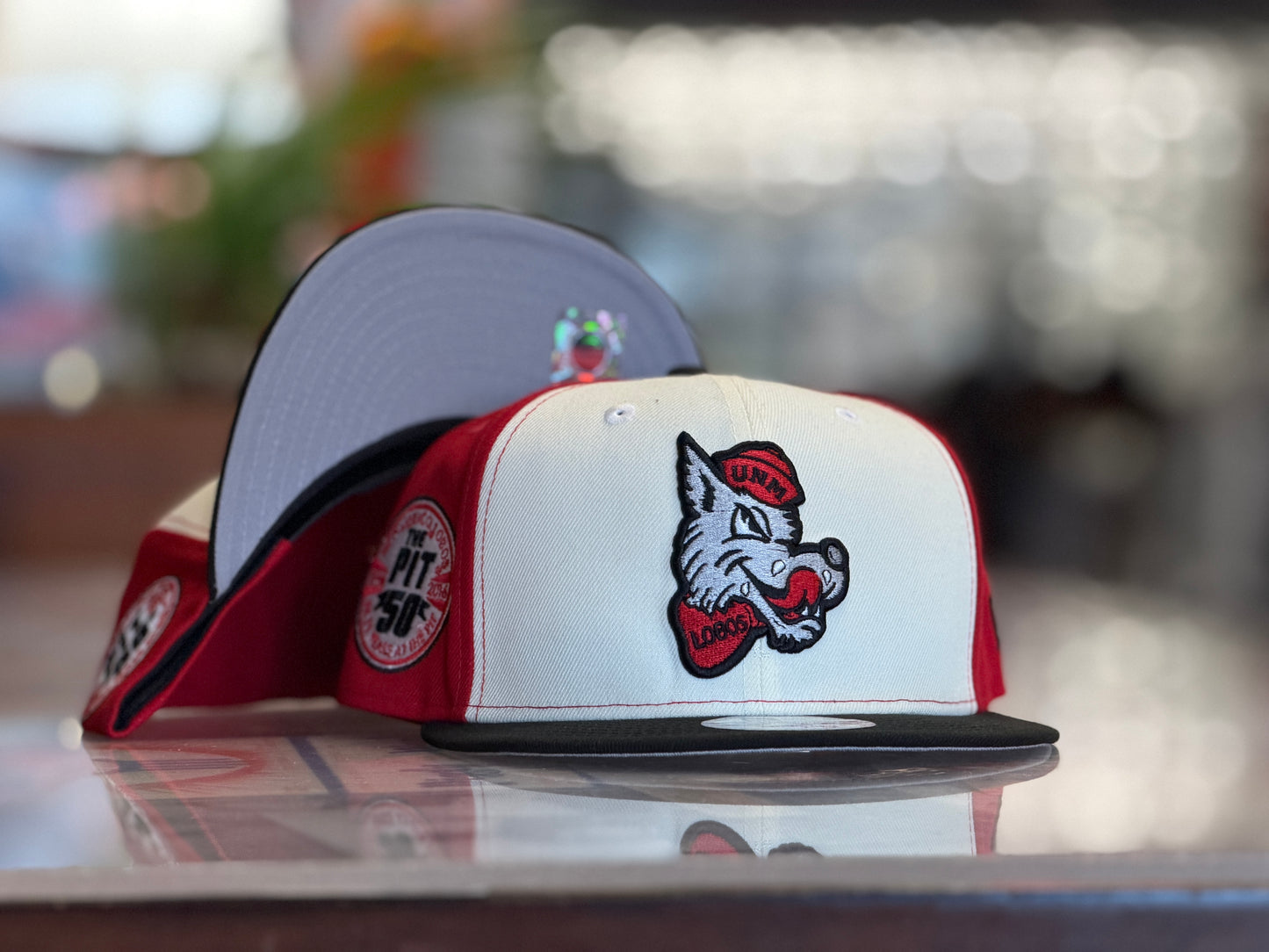 UNM Lobos New Era 950 Adjustable Chrome White Black Bill and Lobo Louie