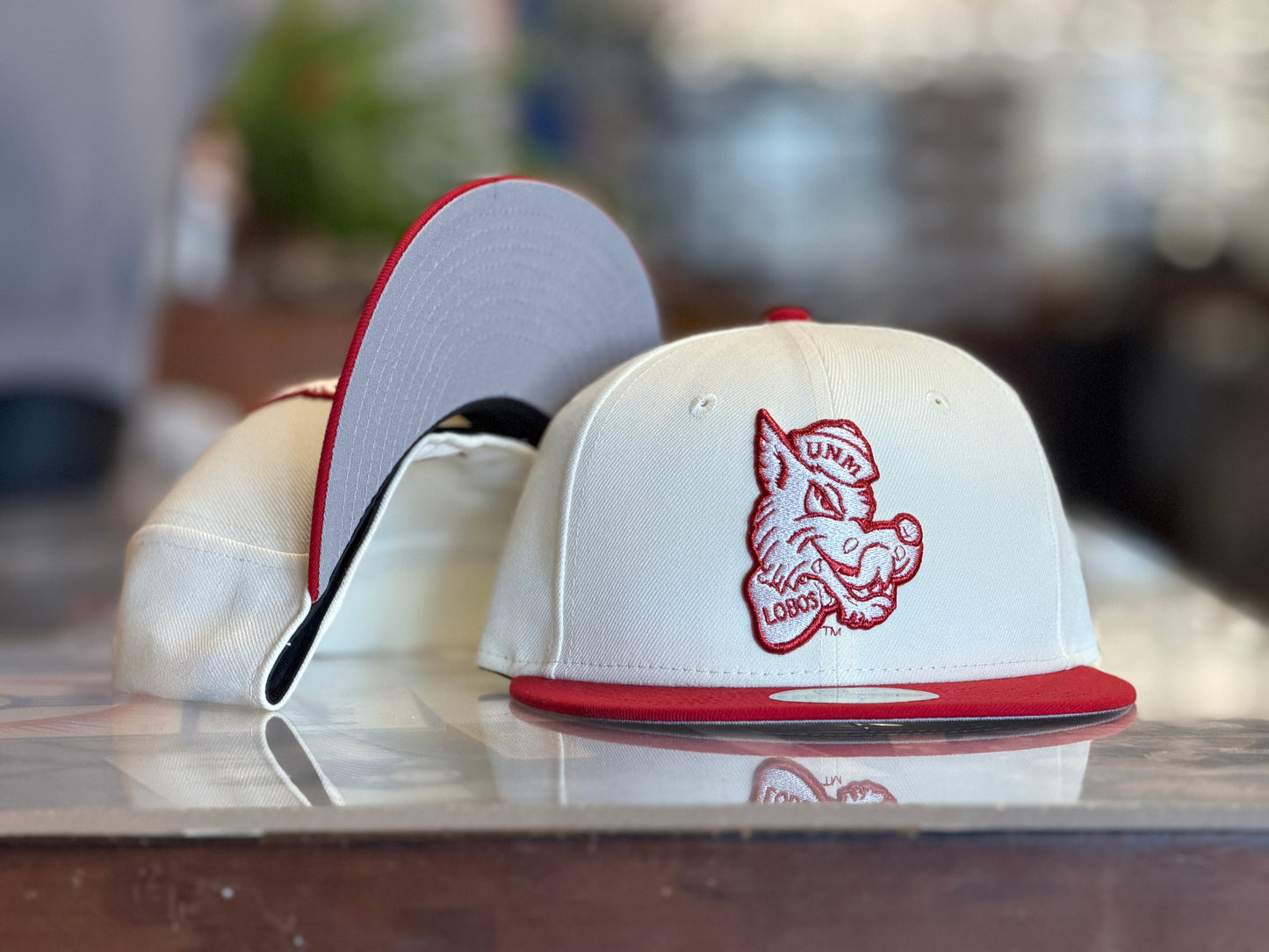 UNM Lobos New Era 5950 Chrome and Cherry Lobo Louie