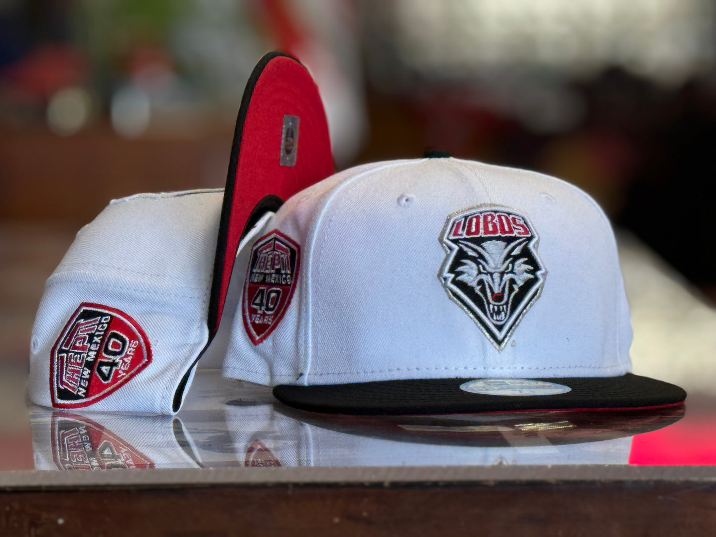 UNM New Era 5950 White with Black Bill and UNM Shield Logo