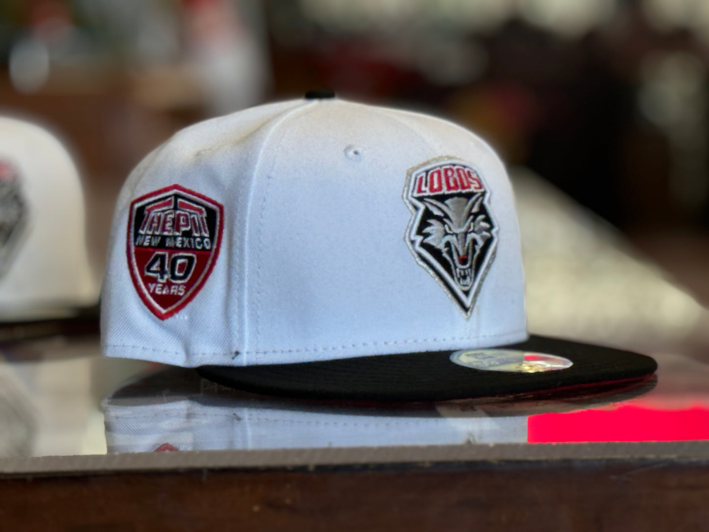 UNM New Era 5950 White with Black Bill and UNM Shield Logo