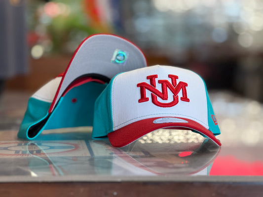 UNM New Era A Frame Snapback Turquoise White UNM logo and Red bill