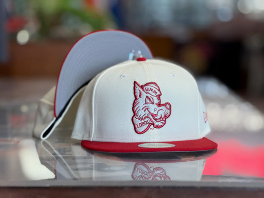 UNM Lobos New Era 5950 Chrome White Cherry Bill and Lobo Louie