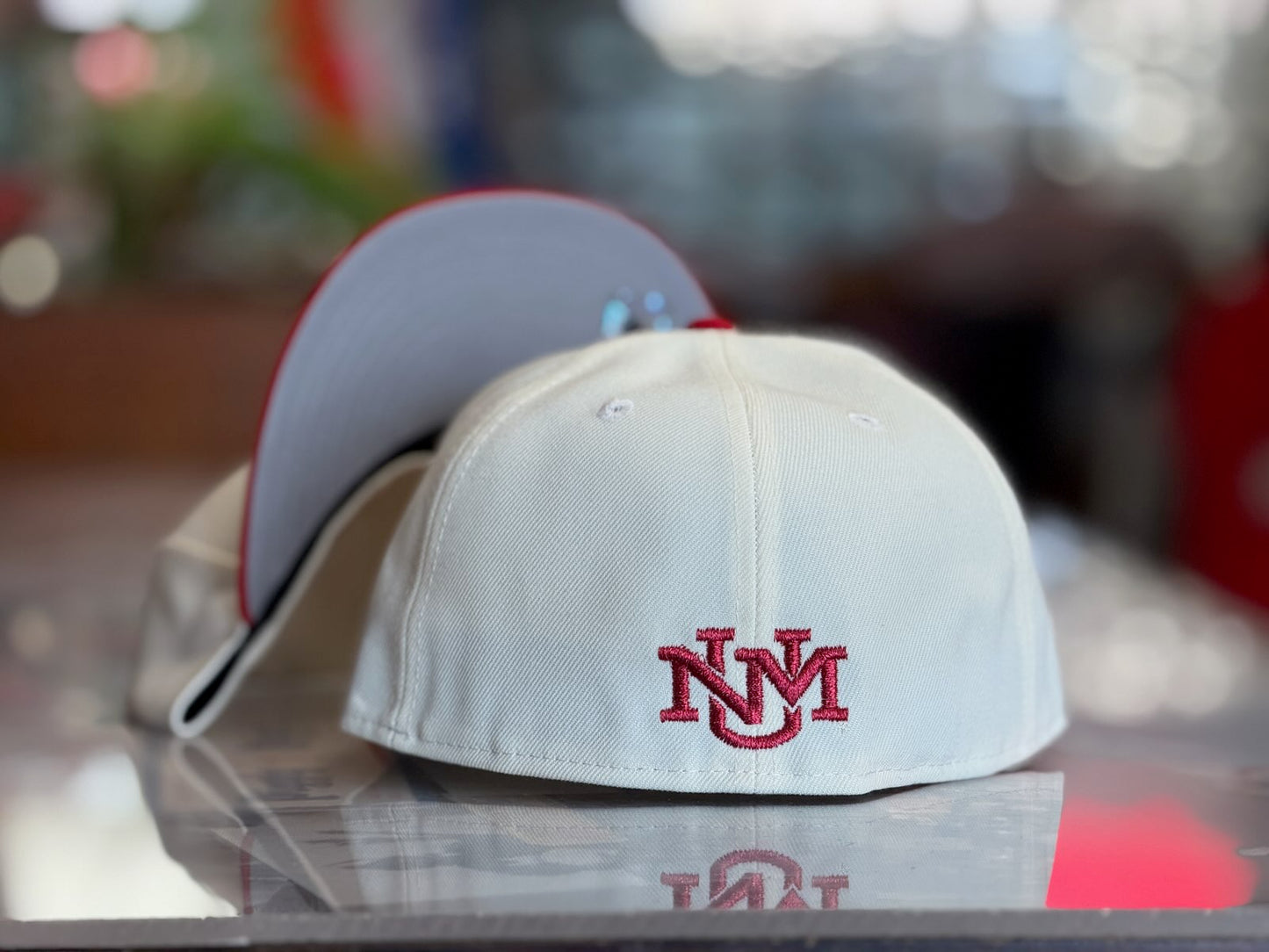 UNM Lobos New Era 5950 Chrome White Cherry Bill and Lobo Louie