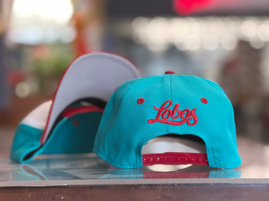 UNM New Era A Frame 970 Snapback Turquoise White UNM logo and Red bill