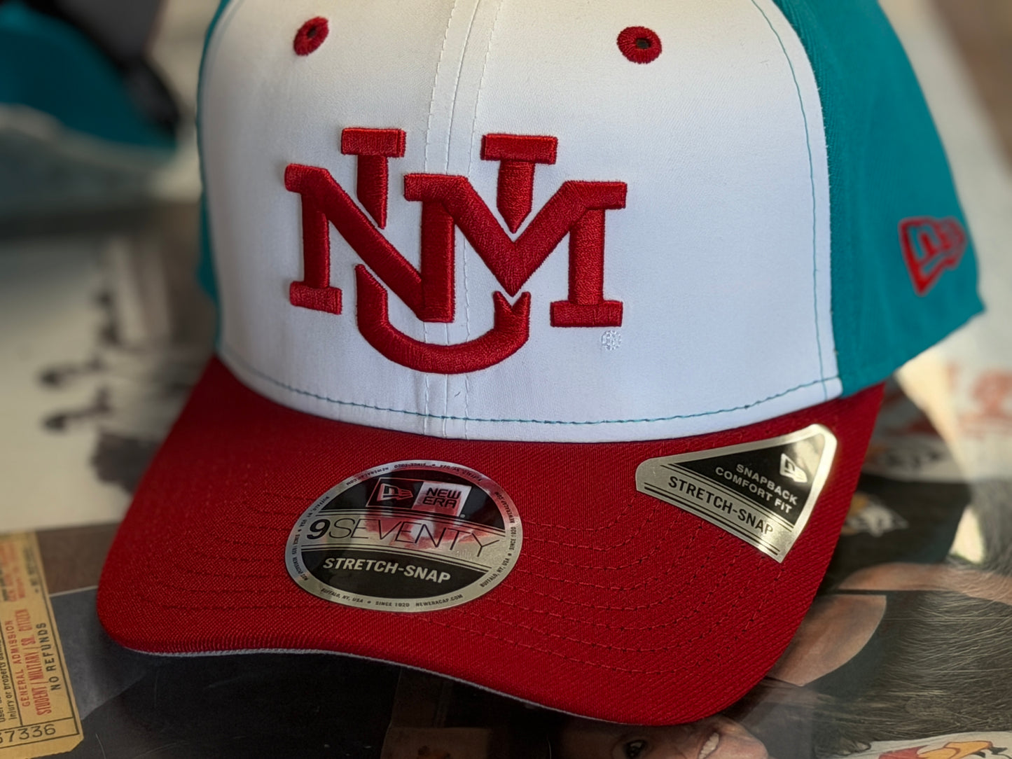 UNM New Era A Frame 970 Snapback Turquoise White UNM logo and Red bill