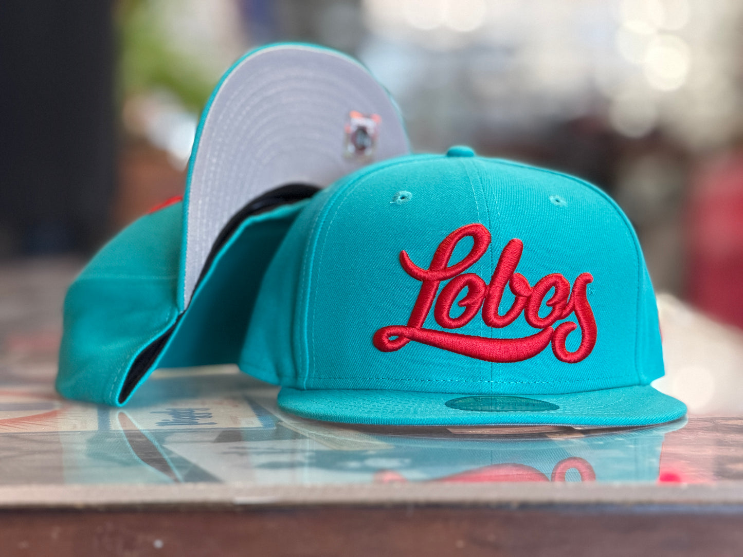 UNM Lobos New Era 5950 Turquoise Red Script Lobos