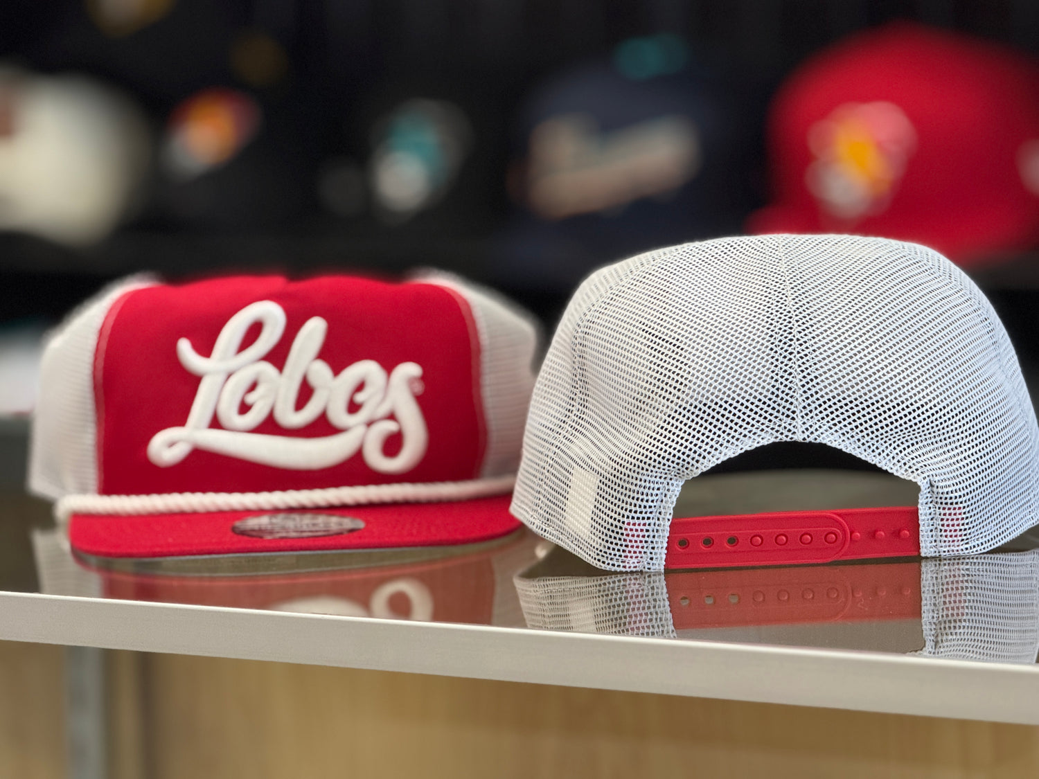 UNM New Era Snapback Hat Red White Mesh LOBOS Script