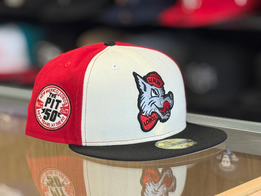 UNM Lobos New Era 5950 Chrome White Black Bill and Lobo Louie
