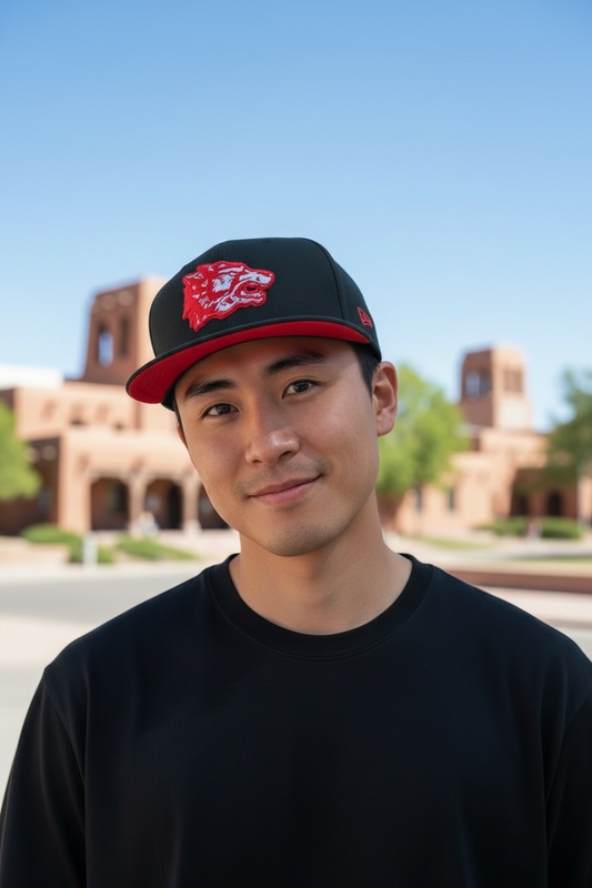 UNM Lobos New Era 5950 Black with Red 70's Lobo