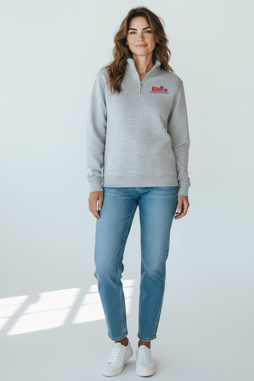 UNM Lobos Light Gray Quarter Zip 1990s Embroidered Logo