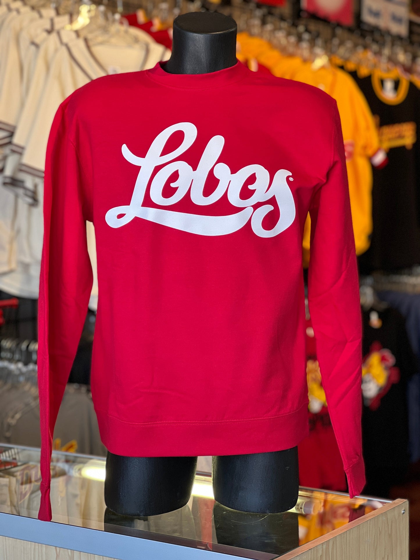 UNM Lobos Red Lobos Script Crew Sweatshirt